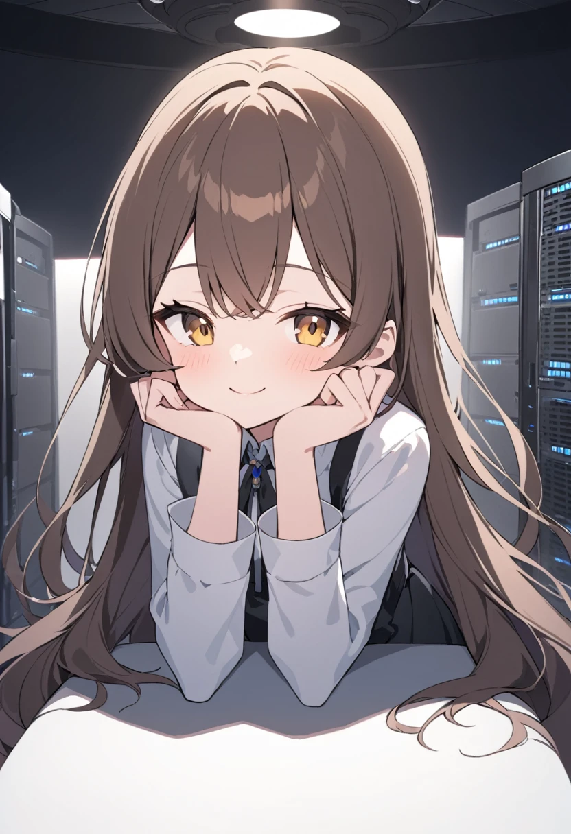 Dark Room,A girl resting her chin on her hands,Looking at me,smile,Private Server,Brown Hair,They're talking about something