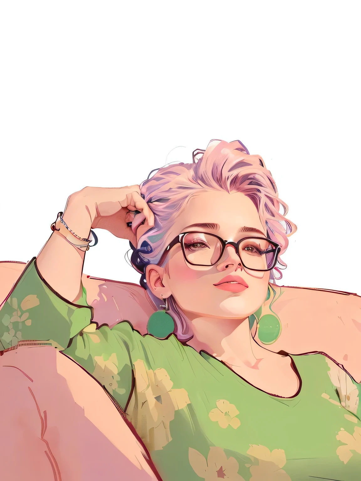 a lady sitting on the sofa,Hands on head, in style of digital illustration, Sunbathing. illustration, portrait illustration, digital illustration portrait, author:Hugh Hughes, Harry Walker (Harry Volk) Clip art style, full color illustration, High quality portrait, full color digital illustration, Painted in the style of Marc Arian, author:Rose Henriques, author:Oswaldo Viteri