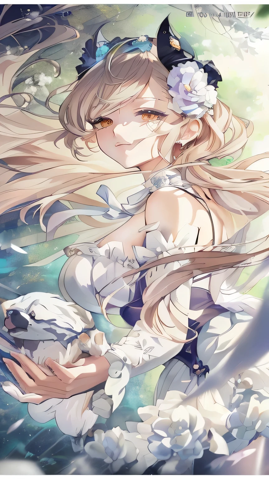 Long hair and white skirt anime girl holding a dog, detailed key anime art, Kushat Krenz Key Art Women, Ink art anime loli, Wear, Official artwork with high detail, clean Detailed anime art, long-haired blonde anime girl, Marisa Kirisame, Violet Evergarden, Anime Goddess, Detailed digital anime art, Detailed anime art