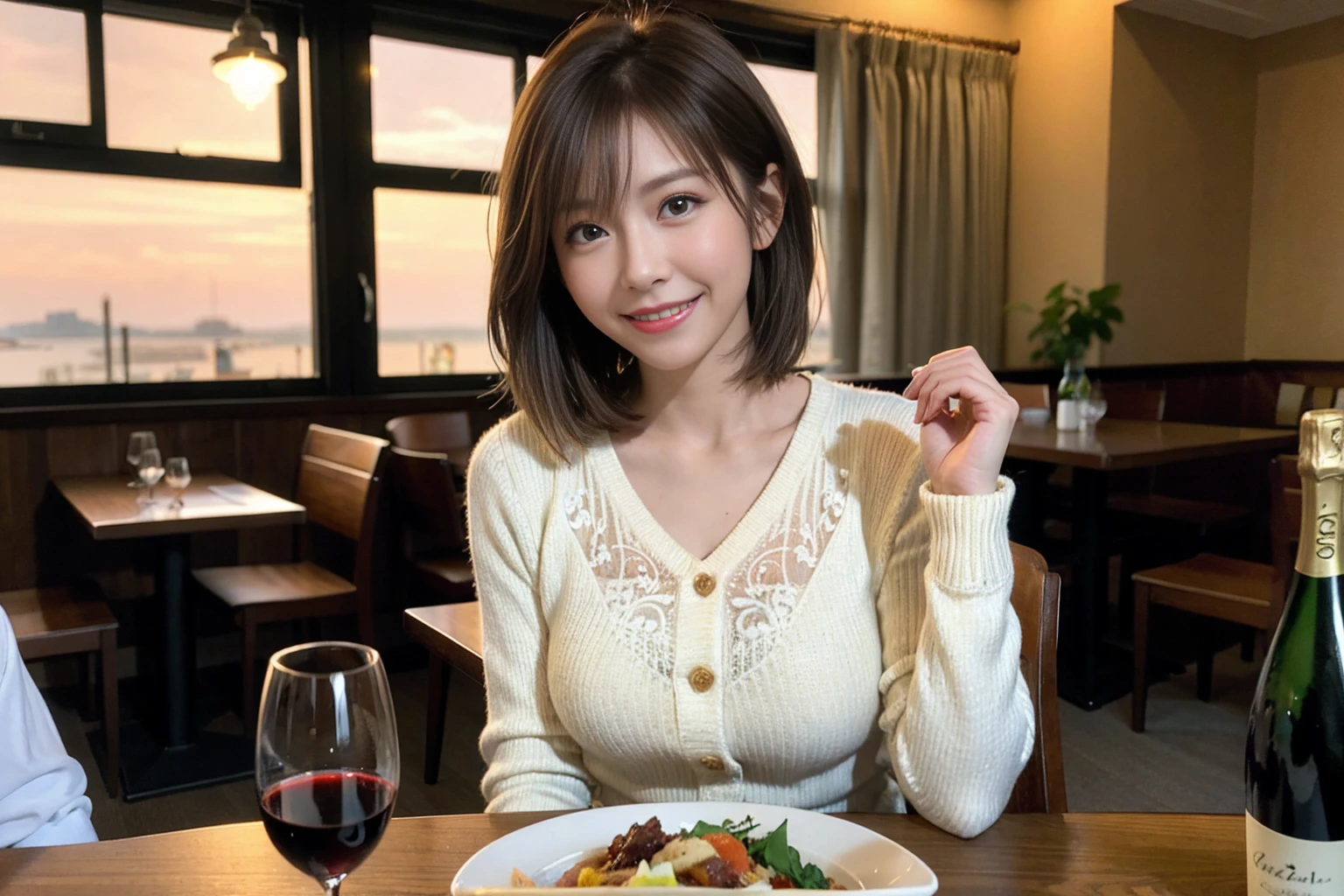(Realistic:1.1),(masterpiece,Highest quality),8k,(49 years old), 53 years old, ベリーslimボディ、slimカップル、Tight waist,Upper Body,full-course dinner、wine 、Amazing view of the sunset sky and clouds、Perfect Anatomy, Brown Hair, short hair,Random Hairstyles,((Highly detailed face and eyes:1.2)),Perfect golden ratio face,Long sleeve shirt、dress,(smile:1.2)、Shortcuts、cute、(Realistic, Intricate details:1.2), A bright smile、short hair,Bright Face、赤wine 、Appetizers、Italian food、wine bottle、Champagne、スパークリングwine、(slimな顔), (The body is slim), (Brown Hair), (Shortcuts), Upper Body, 白wine, slim, wineグラス,