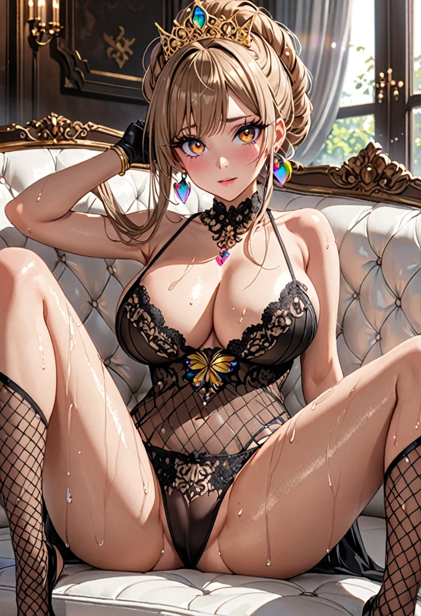 (((Highest quality, Ultra-high resolution、The most complex and detailed depiction)))、((masterpiece:1.3)), (8k, RAW Photos, Best image quality: 1.4), (Very detailedな顔、Attention to detail、Cute woman:1.4),(Realistic:1.4) (8k, RAW Photos,), (photo-Realistic:1.4), Very detailed, Beautiful attention to detail, (Face Focus、Cowboy Shot、girl:1.3)、(Embarrassing、He looks at me with a sad expression、Ecstatic expression,blush)、(Dark eyeliner、Eyelash length、False eyelashes、double eyelid),((Brown eyes)),(hostess:1.2),((A bra with a pale rainbow gradient butterfly pattern)、(Light rainbow gradient butterfly pattern panties))、(Gorgeous ruby necklace、Large gold earrings)、(Gold bracelet、A gorgeous gold tiara studded with jewels)、((Sheer black lace dresesh fabric、Fishnet tights),(Black opera gloves)),(Huge breasts:1.6)、(Cleavage:1.2)、(((Light brown hair、Braided Hair、((Tie your hair up,Give hair))、Gal-style makeup、(Dark eyeliner、Black eyeliner、Heavy eye makeup、Eyelash length、False eyelashes、Eyelash length)、(Slit eyes、Large pupils)、elongated nose、Heavy makeup、Face with gills、(((Perfect Style)))、Spread your legs座る、Spread your legs、(Saggy breasts、Large saggy breasts)、((Sweat、Your body is wet))、(((Luxurious white sofa、Spread your legs座っている)))