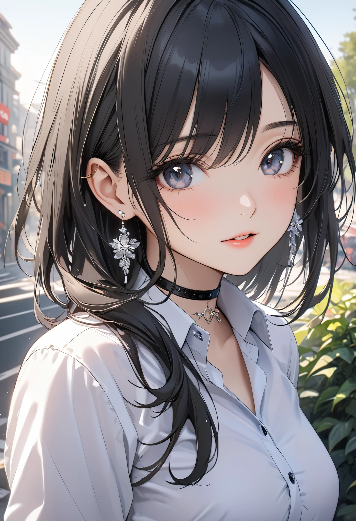 best quality, super_delicate, ultra detailed, beautiful, 8k , 1girl, black hair, business shirt, earrings, choker, outdoor, bright