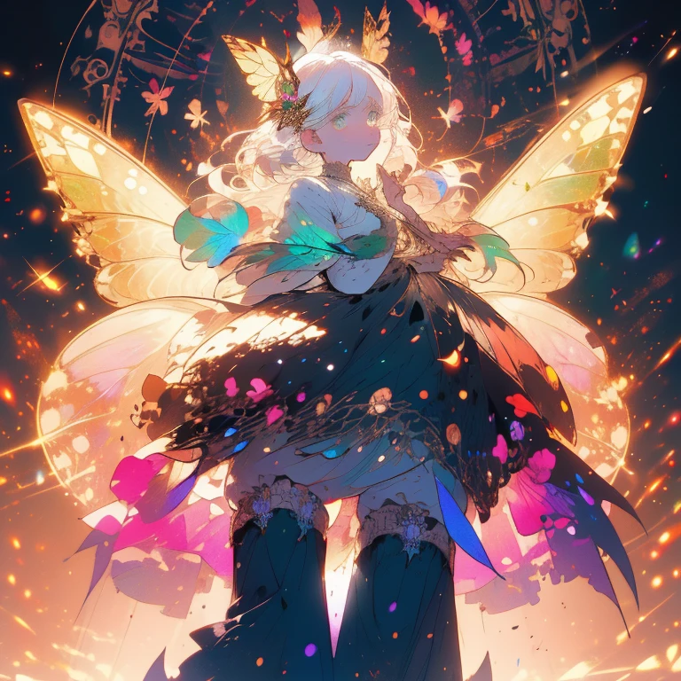 a beautiful (1girl) with colorful butterfly wings, white hair, detailed face, green eyes,intricate butterfly wings,detailed wing patterns,detailed clothing,colorful butterfly wings,cinematic lighting,golden light particle, best detailed,masterpiece,ultra detailed, best shadow, delicate, majestic, action pose, posed, posture, best angle(dynamic angle,detailed background, fantasy), (handsome detailed face), high contrast, (best illumination, an extremely delicate and beautiful), ((cinematic light)), colorful, hyper detail, dramatic light, intricate details, butterfly circle, magic crystals, rainbow, Fantastic fairy, Unique type, Sharp detail line, Double beauty, open gate, magic circle