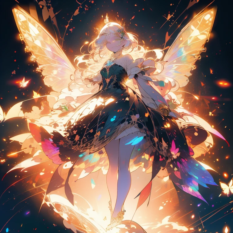 a beautiful (1girl) with colorful butterfly wings, white hair, detailed face, green eyes,intricate butterfly wings,detailed wing patterns,detailed clothing,colorful butterfly wings,cinematic lighting,golden light particle, best detailed,masterpiece,ultra detailed, best shadow, delicate, majestic, action pose, posed, posture, best angle(dynamic angle,detailed background, fantasy), (handsome detailed face), high contrast, (best illumination, an extremely delicate and beautiful), ((cinematic light)), colorful, hyper detail, dramatic light, intricate details, butterfly circle, magic crystals, rainbow, Fantastic fairy, Unique type, Sharp detail line, Double beauty, open gate, magic circle