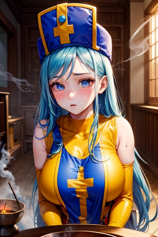 masterpiece, Highest quality,  Unreal Engine,  Super Resolution,  Very detailed, 

Beautiful woman, Dragon Quest Female Monk, long sky blue hair, Blue priest hat, (Orange bodysuit), Mitra, Tabard, Elbow-length gloves, Vivid expression, Healthy Body, Beautifully detailed sweat glands, Smooth skin texture, Carefully drawn, 

(humidity:1.5), (Lewd Scent:1.5), Beautiful Eyes, (Attractive face:1.2), (Beautiful Skin), Tight waist, (Big Breasts), Round Breasts, (Sticky with sweat), Irresistibly sexy pose, 

In the world of Dragon Quest, ((In a room filled with the smoke of aphrodisiac incense)), 