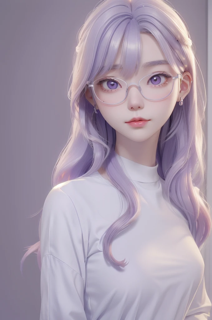 
Best quality, cartoon_Portrait, 1 female, solo, female with long white and purple hair, light pastel, looking at viewer, simple background, 1 white cat, gray eyes, closed mouth, Glasses, long white shirt, lips, swept bangs, bedroom background, red lips