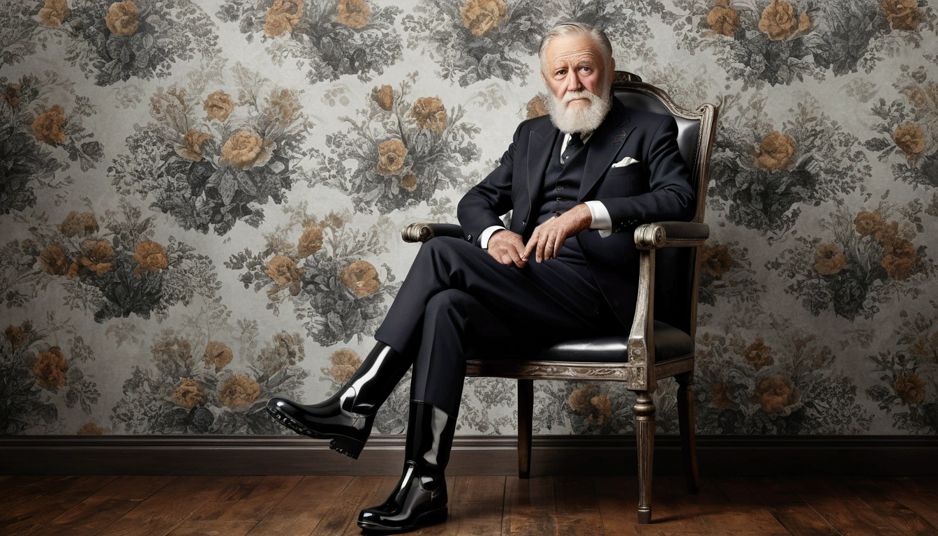 Left facing,Old gentleman with a beard,Sit on a chair,Eyes on Boots,Black high gloss rain boots, 8k resolution,Masterpieces of wallpaper,Highest quality,Digital Painting,Very meticulous,super high quality