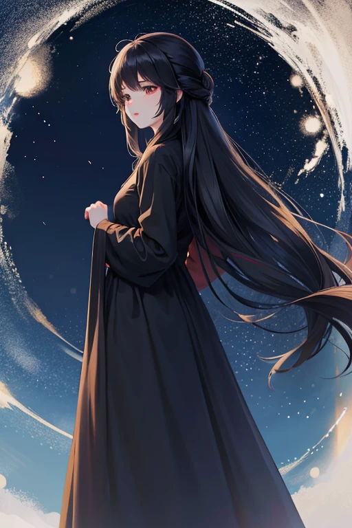 an Asian girl with long dark hair in a long dress the color of the night sky against the backdrop of a night city