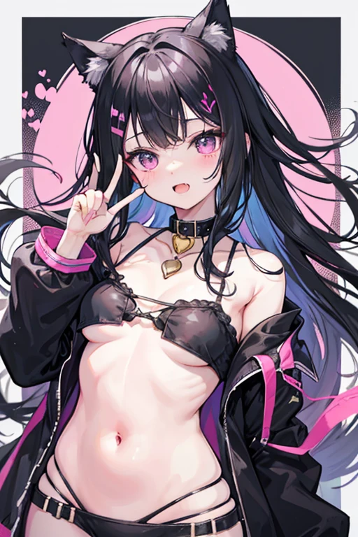 Thinned black hair、Messy hair、Make a peace sign、Black fluttering clothes、cute、Stylish、Black cat ears、Wearing a collar、magic、Fantasy、Hearts fly、pink、Taunt、bright、Stupidly、Belly button、Open your mouth and laugh