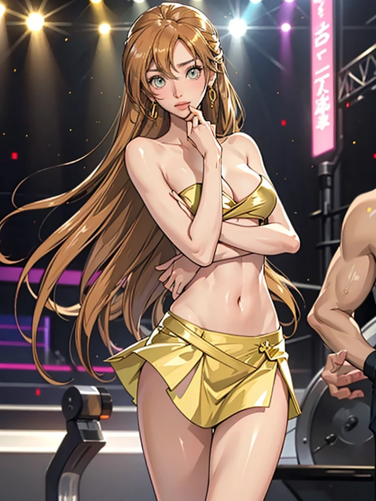 1girl,a beautiful fashion model ,(masterpiece, official art, best quality) (perfect eyes) ,long and shiny hair, highlights in hair, hair strand between eyes, full lips, upturned nose medium , , elegant makeup, exhibitionism, naked in public, , slim thighs, toned body, shiny skin, sexy pose,,(( (slender, skinny, slim))), gold hoop earrings, pink eyeshadow, cute face, embarrassed, coy, surprised, blush, glittery skin, girl dancing on stage, skinny thighs, narrow hips, skirt lift, GOLD OUTFIT, slutty