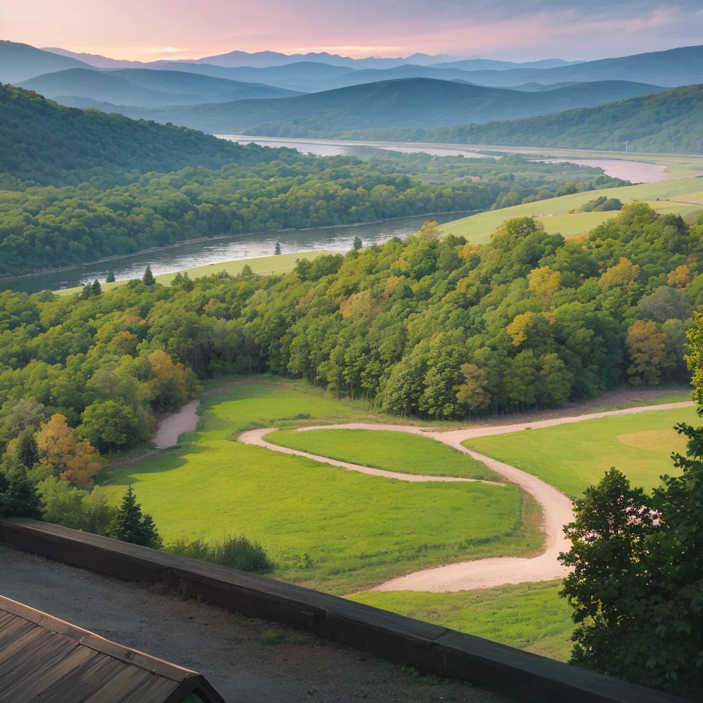 early morning. Dark yellow and pink sky without sun. View from the castle balcony to a small field, A clearing in the middle of the forest, high mountains ahead, mountains green with fir trees, stream at the foot of the mountain.