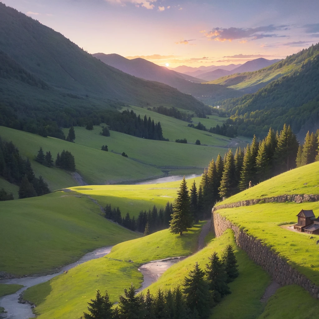 early morning. Dark yellow and pink sky without sun. View from the castle balcony to a small field, A clearing in the middle of the forest, high mountains ahead, mountains green with fir trees, stream at the foot of the mountain.