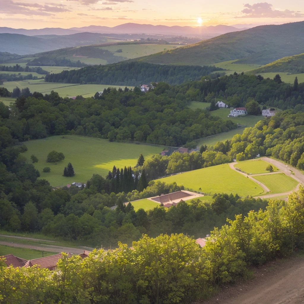 early morning. Dark yellow and pink sky without sun. View from the castle balcony to a small field, A clearing in the middle of the forest, high mountains ahead, mountains green with fir trees, stream at the foot of the mountain.