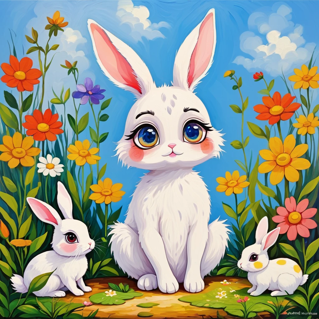 Collage oil painting：Animal characters, 1 ตัว, The tail is a flower., rabbits ,furry animals, Round body, Sitting position, big eyes, cute, 
