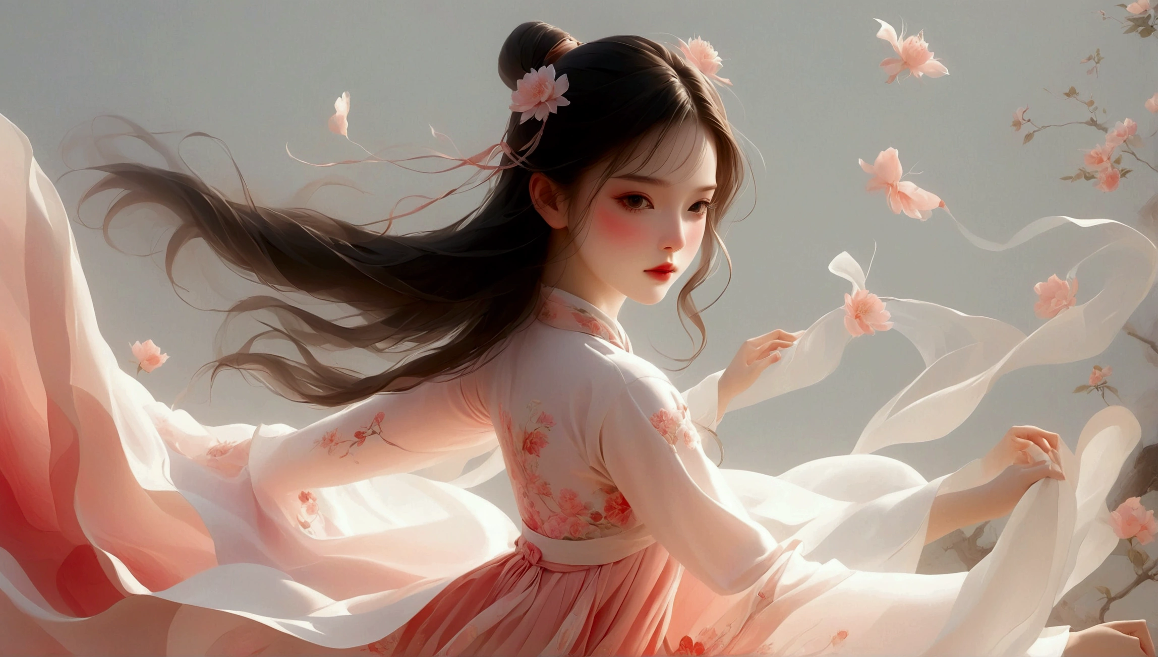 A little girl dancing；[Dark Eyes，confidence，High and cold，happy]；[Long skirt，Elegant，Long sleeve；Set，Light pink and white gradient，Traditional style，The skirt has no pattern，Long skirt下摆像花瓣，Connect with the background,]；Full body panorama 1.5，Character front；Composition：The character is on the right side of the screen，Large area of white space；Long hair in the wind,Fashion, Dynamic photography, Dynamic photography；Influence of modernism, nature, , modern Art, Astonishing, blur background, Soft lighting，Character front光, happy emotion, Simple style；Minimalism。Panoramic photography；Shallow depth of field, Extraordinary details, masterpiece, high quality, 4K，cinematic lighting, motion blur, depth of field, sparkle, ray tracing, reflection light, anatomically correct, uhd, textured skin, best quality, super detail, highres, high details, accurate, high quality, award winning。
