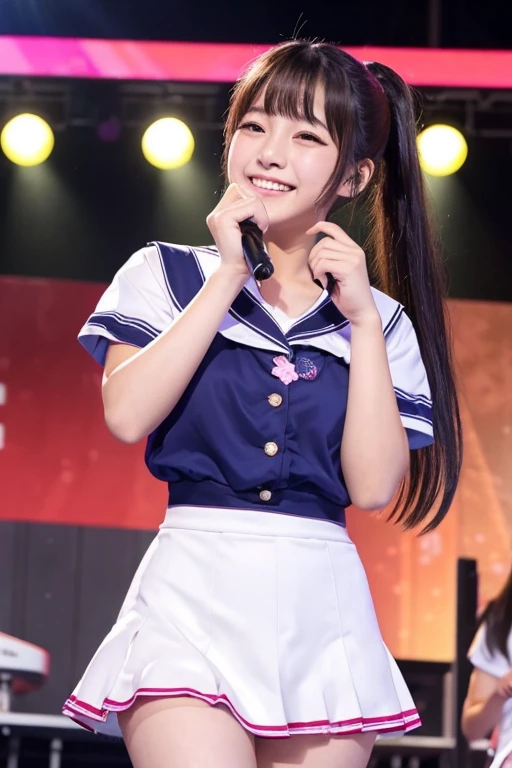 Japanese high school girl, 18 years old, idol singer, side ponytail, smiling, idol costume, performing on outdoor stage, angle looking up from below, flushed cheeks、Chest glistening with sweat from thighs
