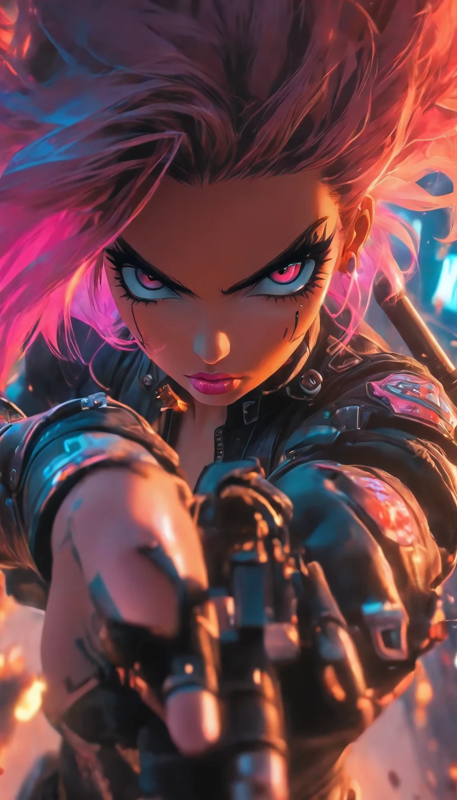 Close-up of a woman in a leather suit holding a gun, toxicpunk 2 0 y. o model girl, toxicpunk beautiful girl, female toxicpunk anime girl, toxicpunk girl, toxicpunk judy alvarez, Hyper-realistic toxicpunk style, cyberpunk anime girl, wojtek fus, toxicpunk character, female toxicpunk , toxicpunk angry gorgeous goddess, toxicpunk art ultrarealistic 8k, toxicpunk femme fatale