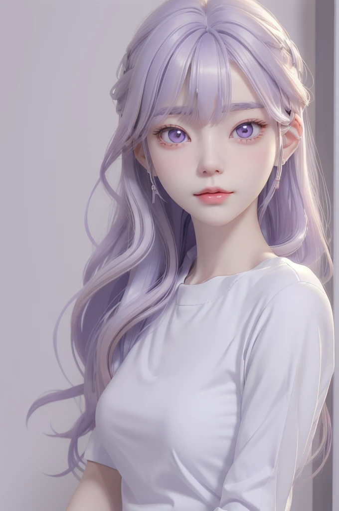 Best quality, cartoon_Portrait, 1 female, solo, female with long white and purple hair, light pastel, looking at viewer, simple background, 1 white cat, gray eyes, closed mouth, long white shirt, lips, swept bangs, bedroom background, red lips