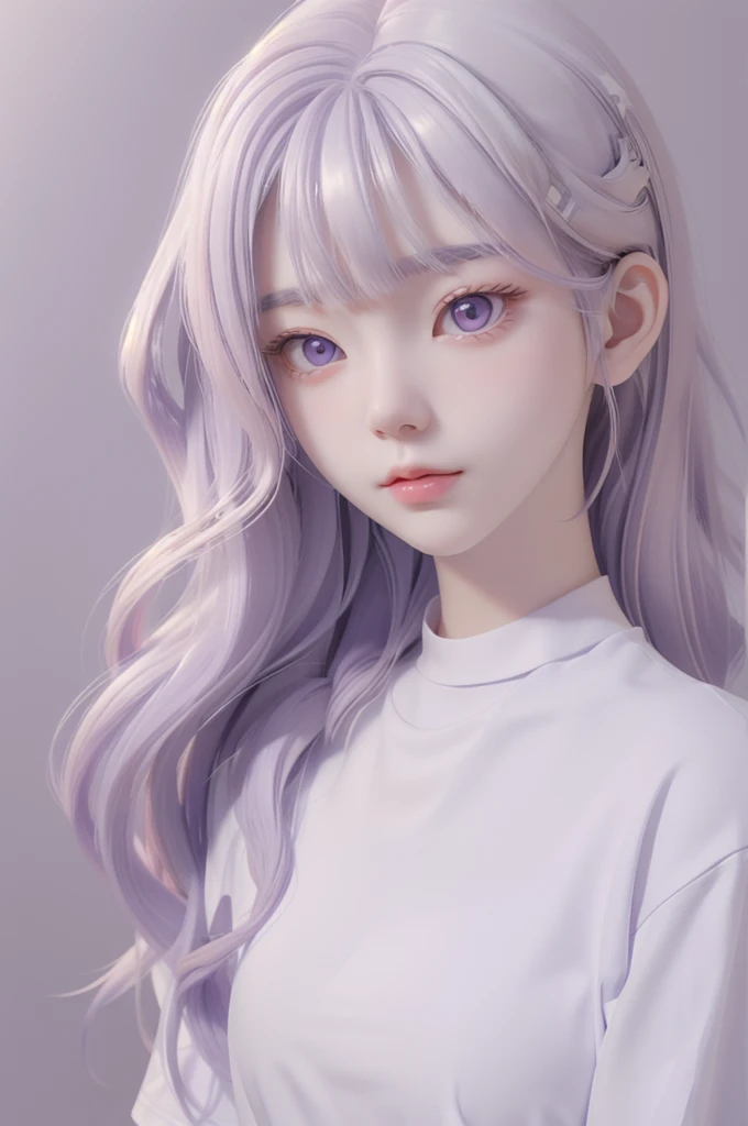 
Best quality, cartoon_Portrait, 1 female, solo, female with long white and purple hair, light pastel, looking at viewer, simple background, 1 white cat, gray eyes, closed mouth, long white shirt, lips, swept bangs, bedroom background, red lips