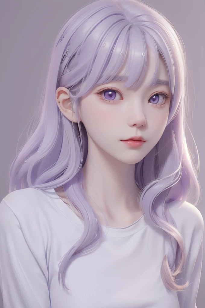 Best quality, cartoon_Portrait, 1 female, solo, female with long white and purple hair, light pastel, looking at viewer, simple background, 1 white cat, gray eyes, closed mouth, long white shirt, lips, swept bangs, bedroom background, red lips