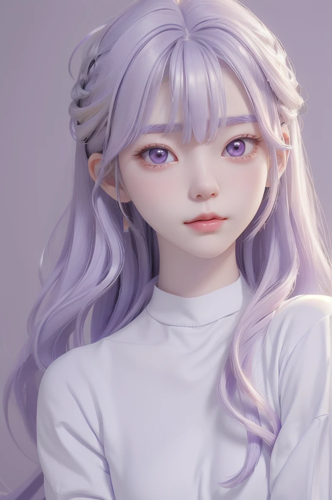 Best quality, cartoon_Portrait, 1 female, solo, female with long white and purple hair, light pastel, looking at viewer, simple background, 1 white cat, gray eyes, closed mouth, long white shirt, lips, swept bangs, bedroom background, red lips