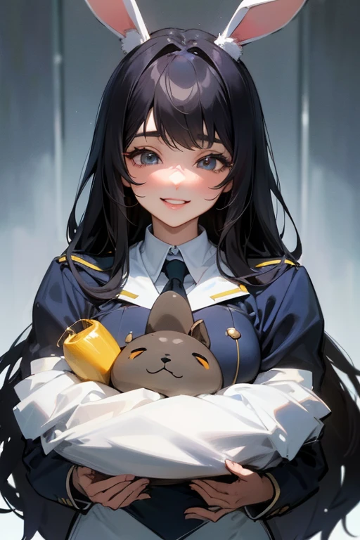 (Highest Resolution, clear_image) Highest quality, Single, One Woman, alone, masterpiece, Very detailed, Semi-realistic, Black Hairのショートヘア, Black Hair, bangs, 18-year-old, mature, light blue uniform, uniform, Indoor Background, kind, Authoritative, Powerful, exquisite features, exquisite features、Eyelashes become longer、Showing teeth、smile😀、((Bunny girl)).