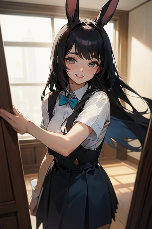 (Highest Resolution, clear_image) Highest quality, Single, One Woman, alone, masterpiece, Very detailed, Semi-realistic, Black Hairのショートヘア, Black Hair, bangs, 18-year-old, mature, light blue uniform, uniform, Indoor Background, kind, Authoritative, Powerful, exquisite features, exquisite features、Eyelashes become longer、Showing teeth、smile😀、((Bunny girl)).