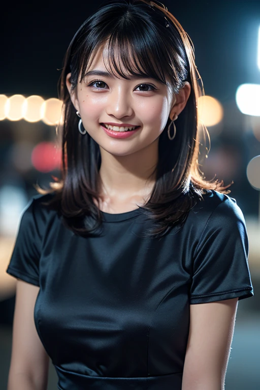 ((8k, RAW Photos,Highest quality, High resolution:1.1), (Ultra-realistic:1.4),(Realistic, Realistic:1.3), big,Realistic Face,Realistic Body,Realistic Skin,masterpiece,(cute:1.8), Cuties, alone, (big:1.2), Fine black eyes,Innocent eyes,(T-Shirts:1.2 ),Cinema Lighting,Film Grain,jewelry,Earrings,((Medium Hair:1.1)),Cherry colored lips,Hair Ribbon,ponytail,close,Viewer,Long Hair,Upper Body,Open your lips,Upper teeth, (Smiling Eyes:0.6),((Grin:1.2)), Blurred Background, Eye focus , Bokeh,young, 85mm lens, young,Portraiture,Photon Mapping,Radio City,Physically Based Rendering,Asian,China dress)