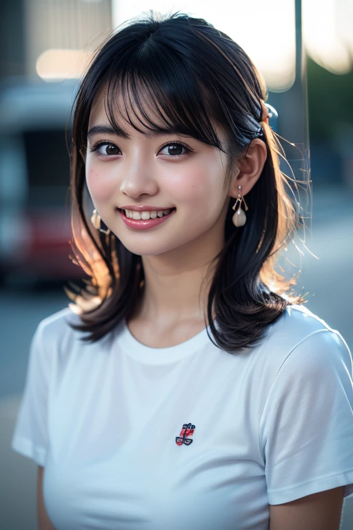 ((8k, RAW Photos,Highest quality, High resolution:1.1), (Ultra-realistic:1.4),(Realistic, Realistic:1.3), big,Realistic Face,Realistic Body,Realistic Skin,masterpiece,(cute:1.8), Cuties, alone, (big:1.2), Fine black eyes,Innocent eyes,(T-Shirts:1.2 ),Cinema Lighting,Film Grain,jewelry,Earrings,((Medium Hair:1.1)),Cherry colored lips,Hair Ribbon,ponytail,close,Viewer,Long Hair,Upper Body,Open your lips,Upper teeth, (Smiling Eyes:0.6),((Grin:1.2)), Blurred Background, Eye focus , Bokeh,young, 85mm lens, young,Portraiture,Photon Mapping,Radio City,Physically Based Rendering,Asian,China dress)