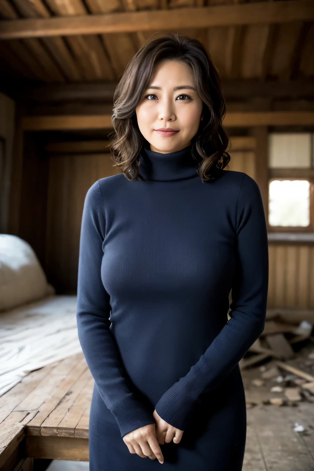 Osaka's aunt、Organic Photography、Highest quality、masterpiece、Ultra-high resolution、Beautiful old lady、50 years old、Looking at the audience、Elegant face、Smiling with teeth showing、Large Breasts,Wear a simple turtleneck dress、Wavy Hair、hot pants,In an abandoned house,Collapsed house,Background Blur
