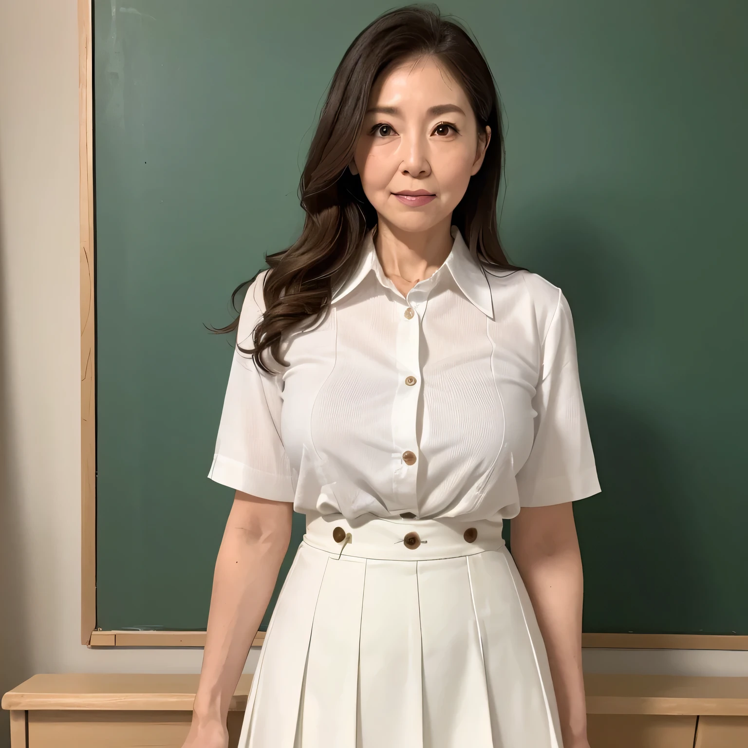 High resolution, High-level image quality, High definition, masterpiece, 8k, Anatomically correct, Professional Lighting, sharp, White Photo,
((Japanese Mature, 90 years old, Beautiful female teacher)), One person, Calm woman, ((Facial wrinkles)), Shapely large breasts, Straight long light brown hair with voluminous waves and parted to the right, Chubby body type,
((School classroom, Standing upright, holding the attendance book and looking at the viewer)),
(((A thin, sleeveless black summer buttoned lace shirt tucked into a skirt, Tight summer high waisted white long flared skirt, Bra straps sticking out))),
A composition that shows what's under a skirt from the feet up