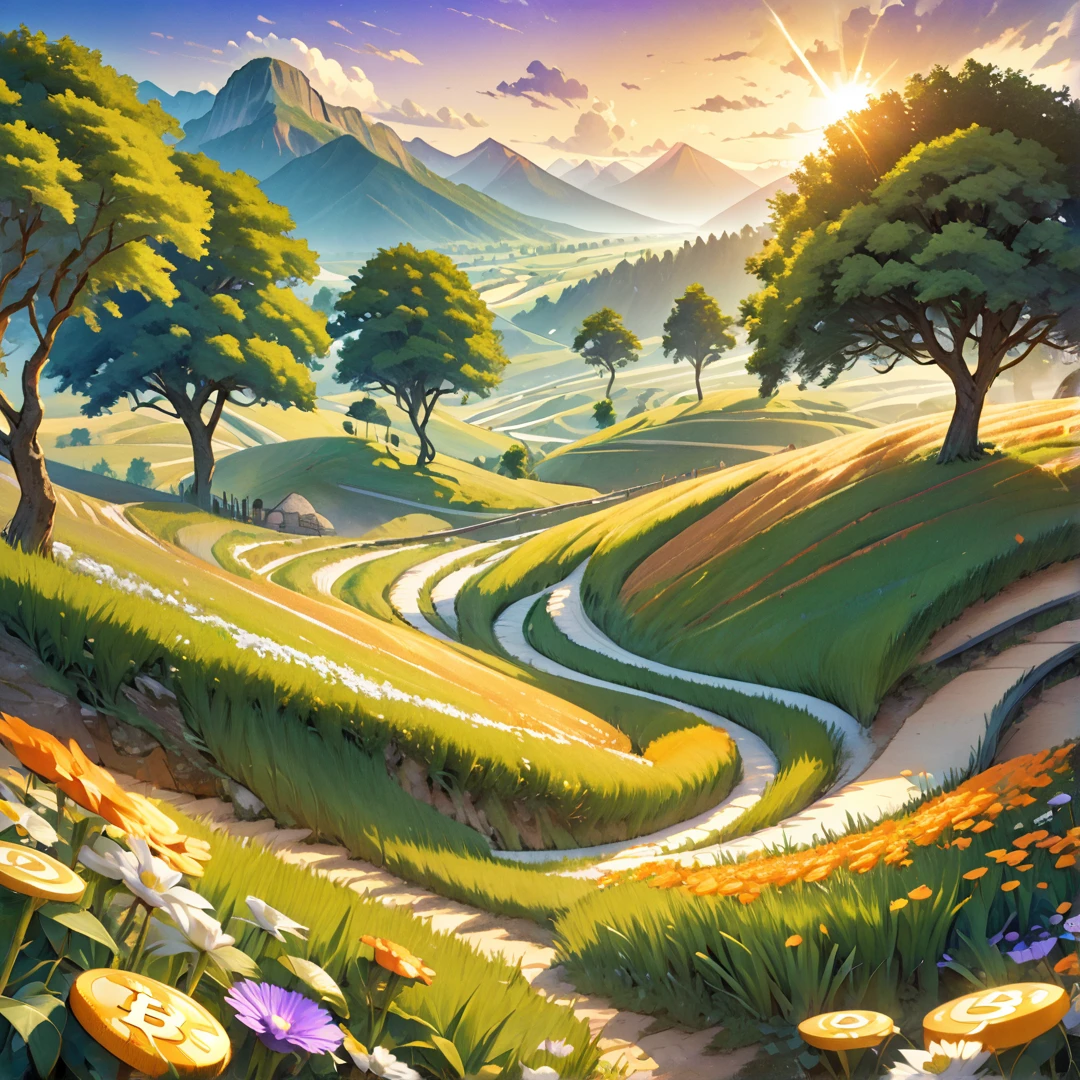 Vast Field: Illustrate a vast field coins with a backdrop of clear blue purple orange skies.

Crypto Coins: Include images of various cryptocurrencies like Bitcoin, Ethereum, and other altcoins growing on the field.

Natural Landscape: Incorporate natural elements such as trees, green hills, and  golden glow on the coins.

Pathway: Depict a winding pathway traversing the field, indicating directions to explore various opportunities.