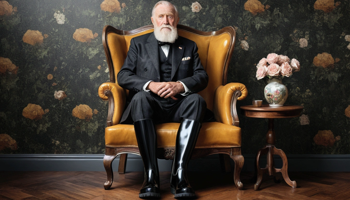 Left facing,Old gentleman with a beard,Sit on a chair,Eyes on Boots,Black high gloss rain boots, 8k resolution,Masterpieces of wallpaper,Highest quality,Digital Painting,Very meticulous,super high quality