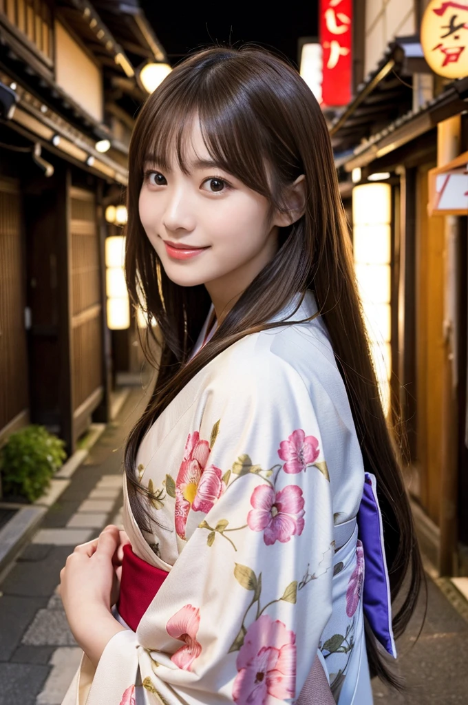 masterpiece、1 beautiful girl、Detailed eyes、Puffy eyes、Highest quality, 超High resolution, (Reality: 1.4), Cinema Lighting、Japanese、Asian Beauty、Super Beauty、Beautiful Skin、Slender、Body facing forward、(Surreal)、(High resolution)、(8k)、(Very detailed)、(Beautiful and detailed eyes)、(Ultra-detailed)、 (wall-)、Detailed face、Bright lighting、Professional Lighting、The viewpoint is random、(The costume is a kimono)、Long Hair, My hair is messy, (Kyoto cityscape)、Brown Hair、Japan is an idol、Korean Idol、Gravure idol pose、Age 21、expensive, smile,Double teeth、Facing forward with arms outstretched