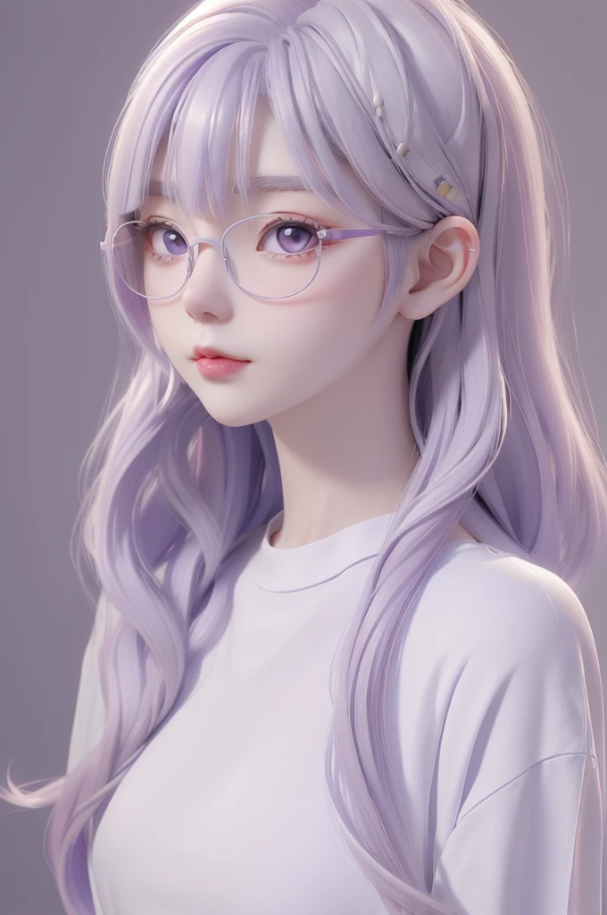 Best quality, cartoon_Portrait, 1 female, solo, female with long white and purple hair, light pastel, looking at viewer, simple background, 1 white cat, gray eyes, closed mouth, Glasses, long white shirt, lips, swept bangs, bedroom background, red lips