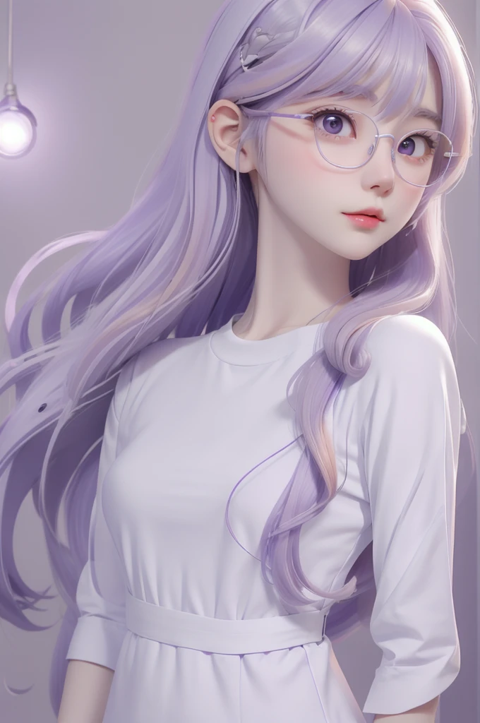 Best quality, cartoon_Portrait, 1 female, solo, female with long white and purple hair, light pastel, looking at viewer, simple background, 1 white cat, gray eyes, closed mouth, Glasses, long white shirt, lips, swept bangs, bedroom background, red lips