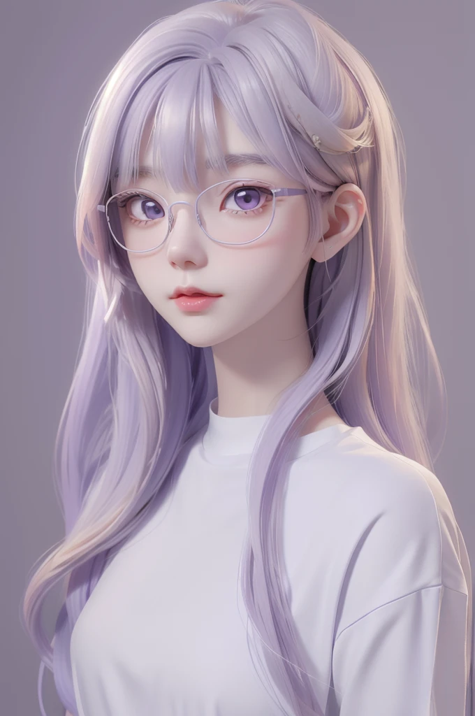 Best quality, cartoon_Portrait, 1 female, solo, female with long white and purple hair, light pastel, looking at viewer, simple background, 1 white cat, gray eyes, closed mouth, Glasses, long white shirt, lips, swept bangs, bedroom background, red lips