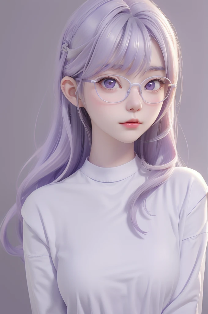 Best quality, cartoon_Portrait, 1 female, solo, female with long white and purple hair, light pastel, looking at viewer, simple background, 1 white cat, gray eyes, closed mouth, Glasses, long white shirt, lips, swept bangs, bedroom background, red lips