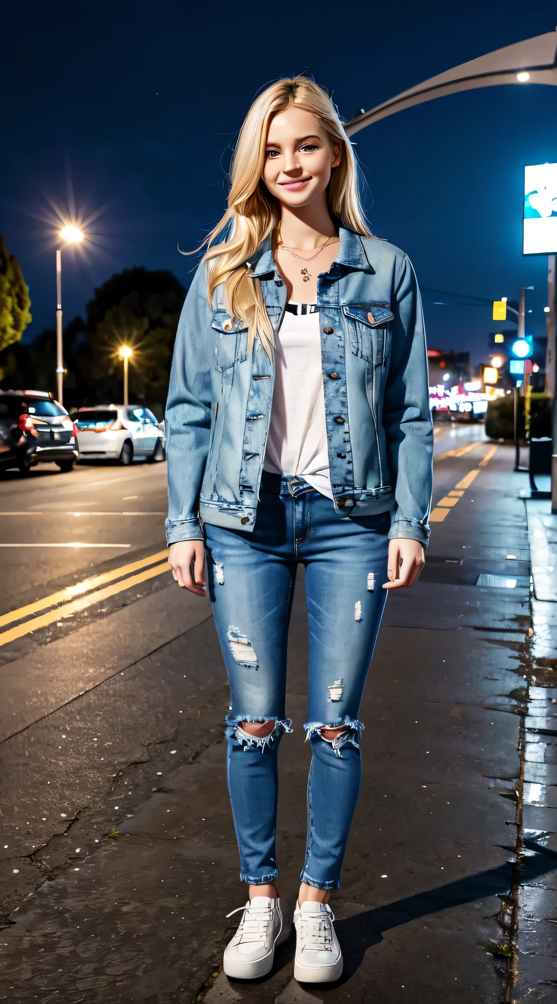 Breathtakingly realistic, Highest quality,,（Full body photo）、 German girl standing,Blonde Hair,、blue eyes、、Ear piercing、,smile、Jeans jacket,Skinny jeans,sneakers、Background is a park at night
