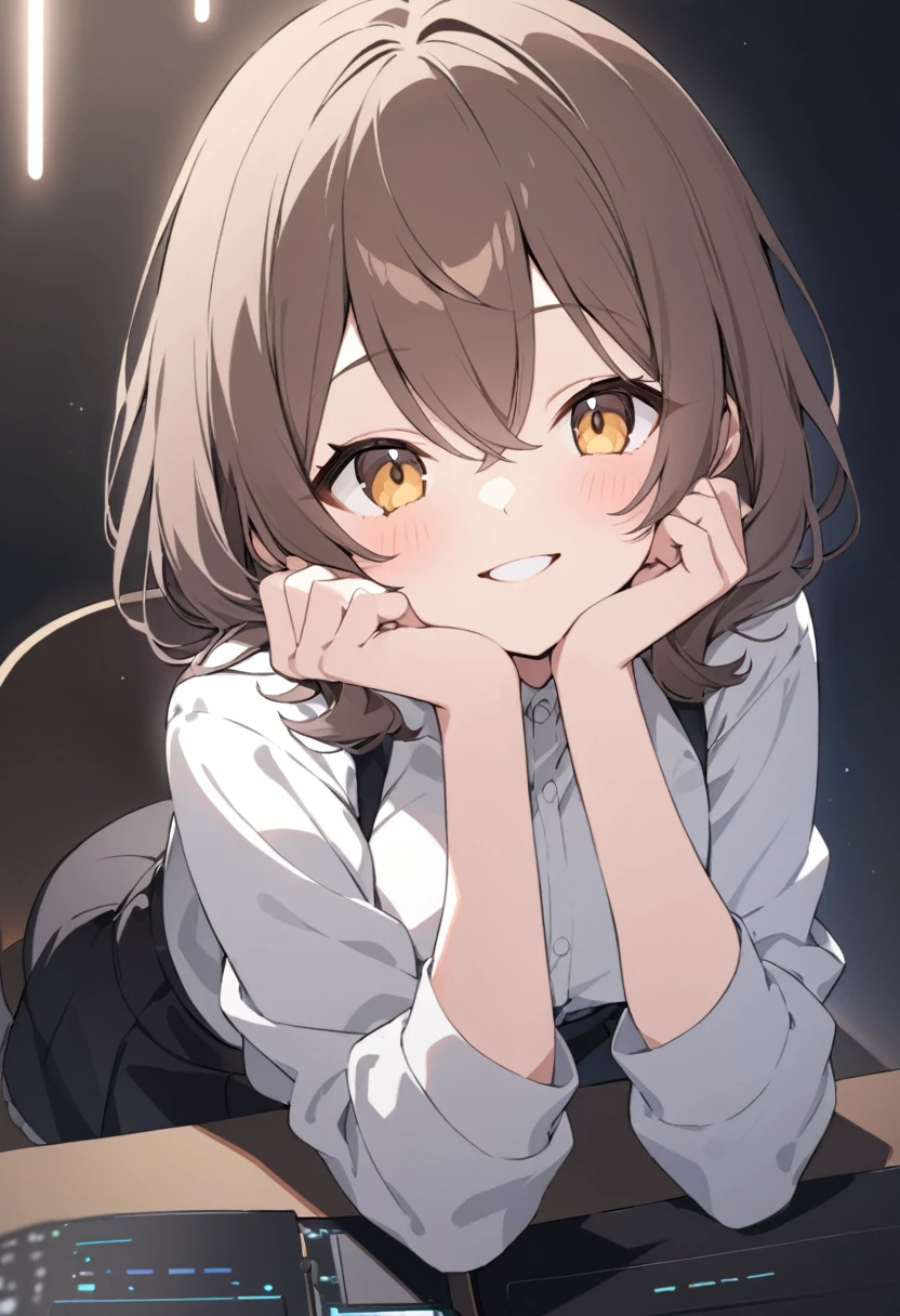 Dark Room,A girl resting her chin on her hands,Looking at me,smile,Private Server,Brown Hair,Mouth open