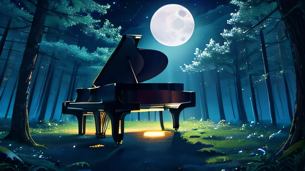 full moon Moonlight A grand piano in the distance In the forest with a fantastic landscape Starry Sky Fresh greenery
