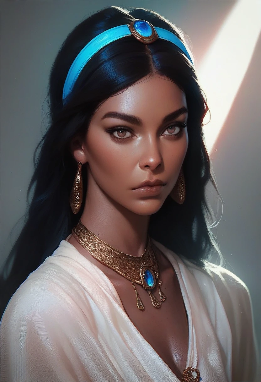 1girl,solo,intricate details,realistic,upper body,soft lighting,intense shadows,looking at viewer,(eyeliner:0.3),closed mouth,dark-skinned female,jasmine,