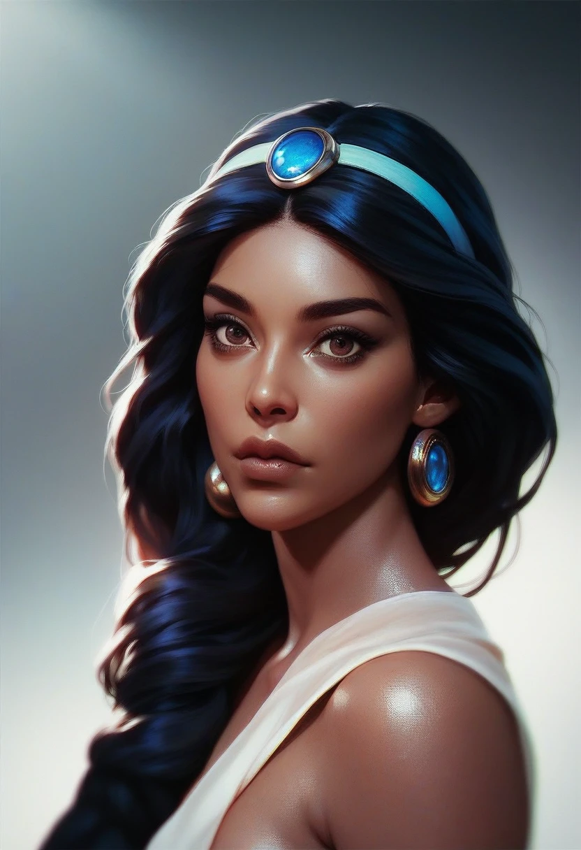 1girl,solo,intricate details,realistic,upper body,soft lighting,intense shadows,looking at viewer,(eyeliner:0.3),closed mouth,dark-skinned female,jasmine,