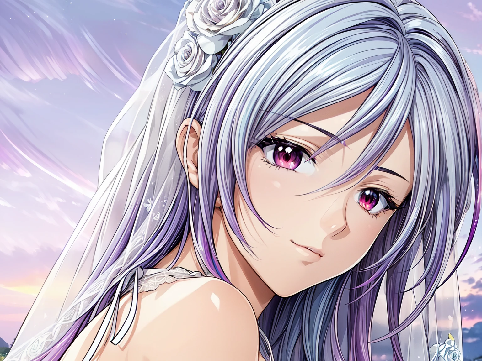 (masterpiece, best quality, beautiful and aesthetic:1.3), look back, side view, 1woman, solo, matured woman,  (Silver blue hair streaked purple:1.4), (Gradient sky blue hair ends:1.6), hair strand, absurdly long hair, single sidelock, wavy hair, shiny hair, floating hair, (deep red eyes), delicate eyes, aqua eyes, super high detailed eyes, long upper eyelashes, makeup, Focus on face, Very detailed facial, Perfect breasts, hot body, (Delicate skin texture:1.2), bridal veil, lace-trimmed dress, see-through, wedding dress, outdoors, white roses, garden, morning, standing, extreme detailed, (A little embarrassing)