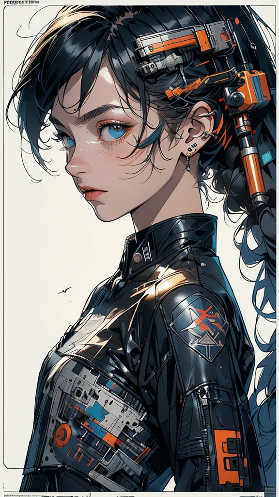 laranja, rosa, Branco, verde, (Mulher de cabelo Preto (com franja pesada cobrindo a testa)), tatuagens, (roupas Techwear: 1.1), abstract lines and background circles, corpo inteiro