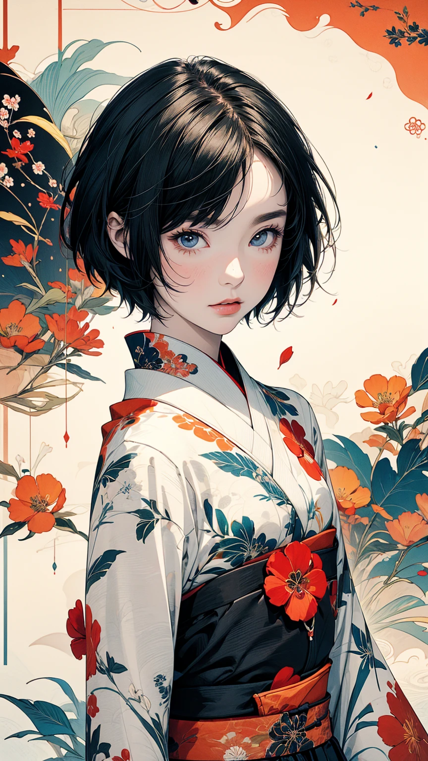 Top view, Focus on the upper body, 20-year-old woman, Asymmetrical colorful short hair, No sleeve, Petal Collage, abstract design, artistic juxtapositions, Japanese pattern background, warm color, mixed-media approach, Anime Style, Digital Painting, (masterpiece, High resolution, Highest quality),