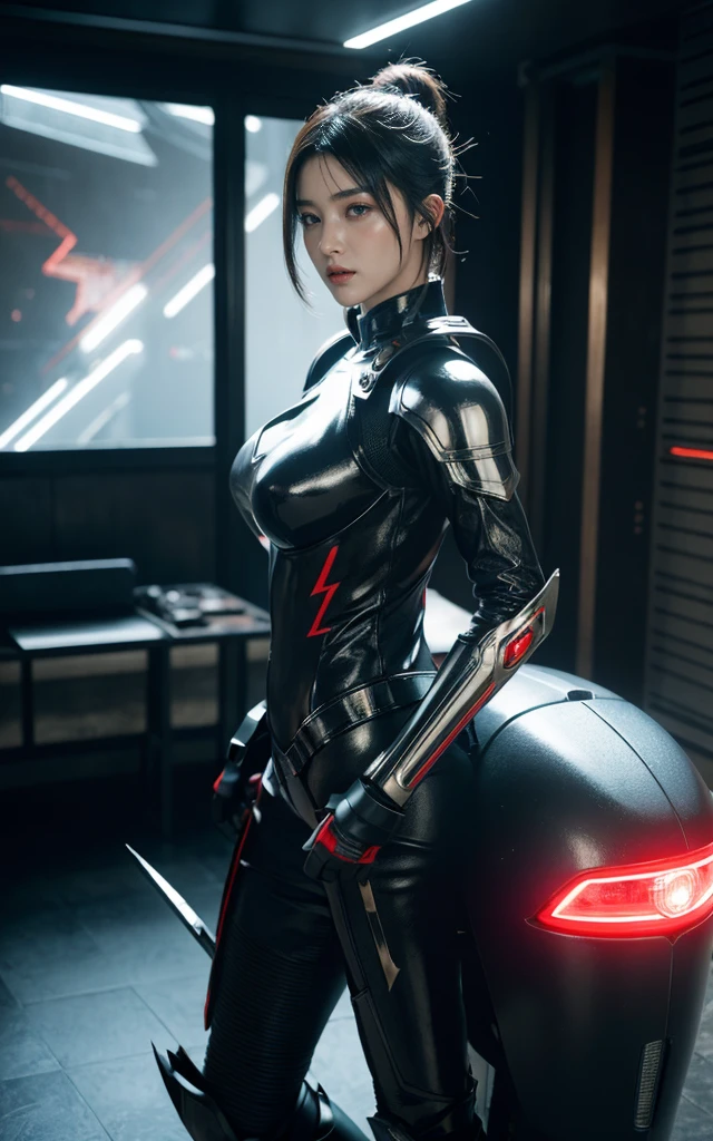 Alien technology fashion , fashion photography , Inspired by Cyberpunk。(best quality,4K,8K,high resolution,masterpiece:1.2), (Practical,Reality,Photo-real:1.37).masterpiece,Game Art,Best picture quality,最high resolution,8K,,Unreal Engine 5 rendering works,(Digital Photography), 20 year old girl,Short hair details,Long bangs,(The red eye makeup is carefully applied),(Large target, Full breasts),Elegance and nobility,Brave and charming,(Half-length photo)(Riding a big sci-fi cool motorcycle)(Exaggerated sci-fi avant-garde motorcycle) (The future armor combines the characteristics of Chinese armor,hollow-carved design,Power Armor,Mysterious oriental runes,Exquisite clothing patterns,Magic Flash),Future Warrior,Cyberpunk Characters,War Background, light,Ray Tracing,Game CG,((3D Unreal Engine)),OC rendering reflection mode,blur background