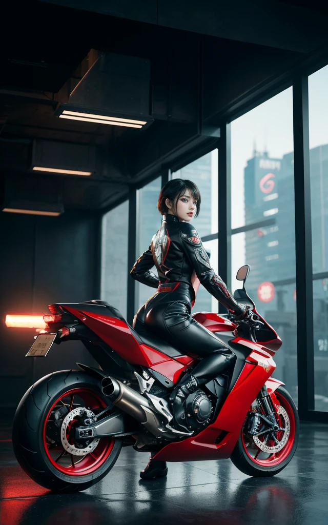 Alien technology fashion , fashion photography , Inspired by Cyberpunk。(best quality,4K,8K,high resolution,masterpiece:1.2), (Practical,Reality,Photo-real:1.37).masterpiece,Game Art,Best picture quality,最high resolution,8K,,Unreal Engine 5 rendering works,(Digital Photography), 20 year old girl,Short hair details,Long bangs,(The red eye makeup is carefully applied),(Large target, Full breasts),Elegance and nobility,Brave and charming,（Half-length photo）（Riding a big sci-fi cool motorcycle)（Exaggerated sci-fi avant-garde motorcycle） (The future armor combines the characteristics of Chinese armor,hollow-carved design,Power Armor,Mysterious oriental runes,Exquisite clothing patterns,Magic Flash),Future Warrior,Cyberpunk Characters,War Background, light，Ray Tracing，Game CG，((3D Unreal Engine))，OC rendering reflection mode，blur background