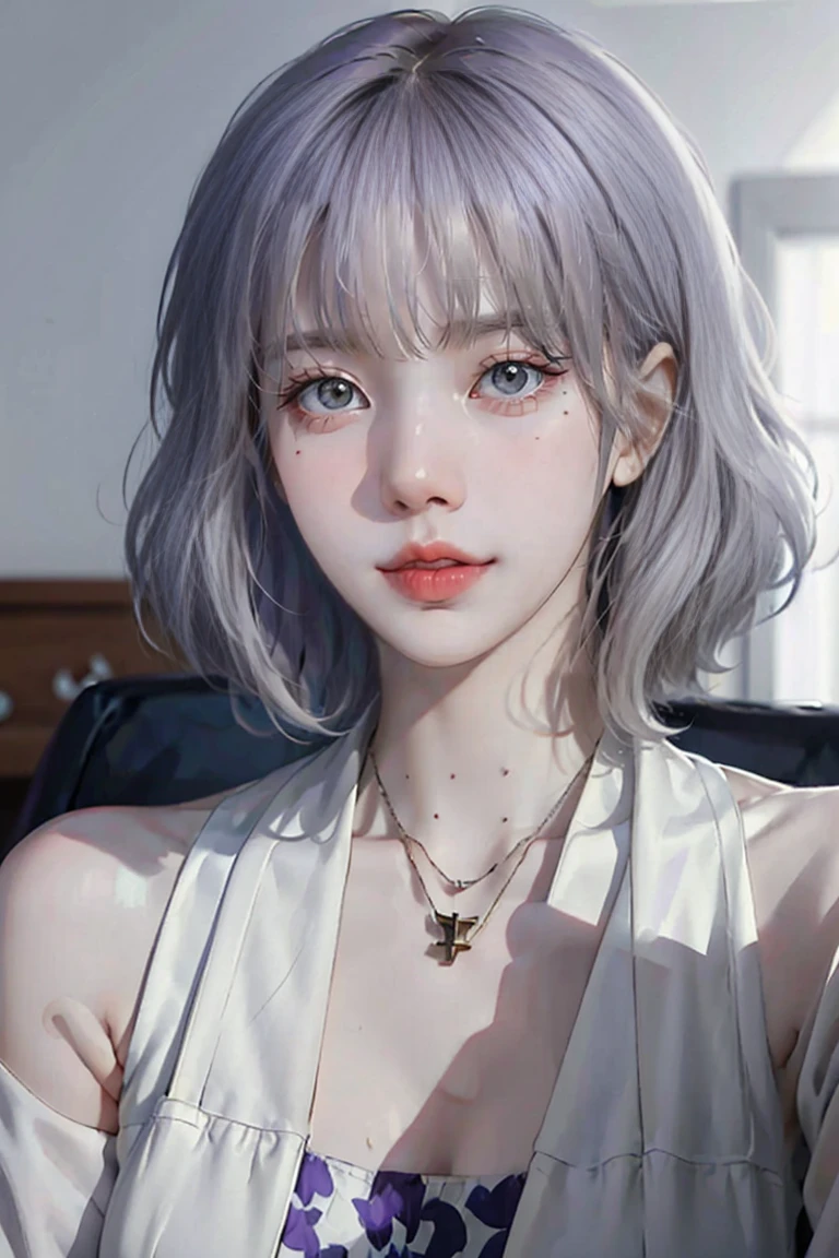 ((Close-up of a woman with tattoos on her chest)), girl, ((Short white hair with bangs, Black strands of hair)), Purple eyes, White T-shirt and white cape, Pendant around the neck. 超High resolution.Realistic. 超High resolution.Realistic:1.4,超High resolution. Realistic，High resolutionで, masterpiece, Highest quality, Very detailed, Better Shadows, Volumetric lighting), super high quality, High resolution, 8k, 超Realisticな肖像画 , Realistic, Dynamic Lighting, Volumetric lighting, Very detailed顔,(Browsing Caution:1.2),Large Breasts