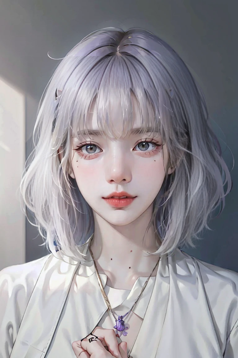 ((Close-up of a woman with tattoos on her chest)), girl, ((Short white hair with bangs, Black strands of hair)), Purple eyes, White T-shirt and white cape, Pendant around the neck. 超High resolution.Realistic. 超High resolution.Realistic:1.4,超High resolution. Realistic，High resolutionで, masterpiece, Highest quality, Very detailed, Better Shadows, Volumetric lighting), super high quality, High resolution, 8k, 超Realisticな肖像画 , Realistic, Dynamic Lighting, Volumetric lighting, Very detailed顔,(Browsing Caution:1.2),Large Breasts